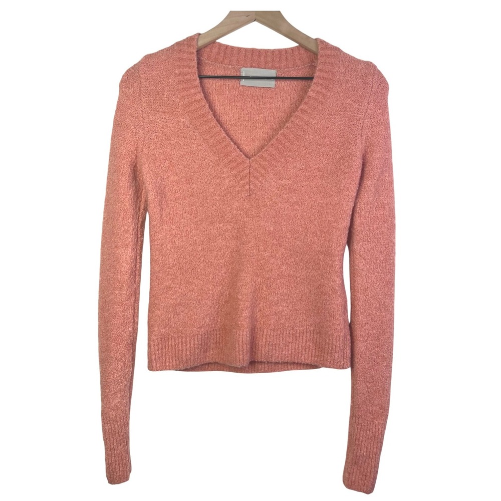 Everlane Coral Pink Fuzzy V Neck Long Sleeve Cropped Sweater‎ XS